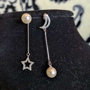 Sterling Pearl and Zircon Star & Moon Earrings Pierced
